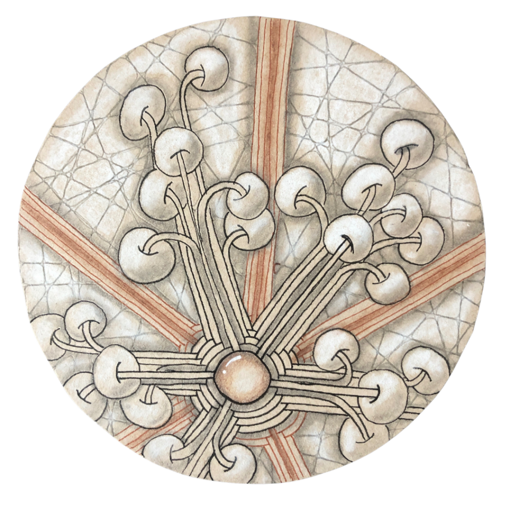Zendala tile featuring the tangles Arukas, Pokeroot and N'Zeppel. It's drawn in Renaissance style and there is a Zen gem in the centre of the Arukas, displayed on the 7 Ways To Improve Your Zentangle Art Blog Post on the Create and Calm with Lisa website.