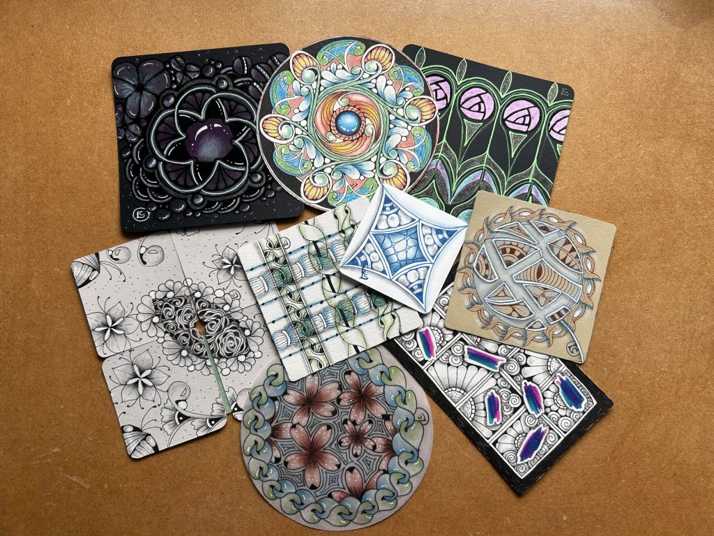 A selection of tiles created by Lisa Crow, CZT at the Zenjo Retreat 2025.