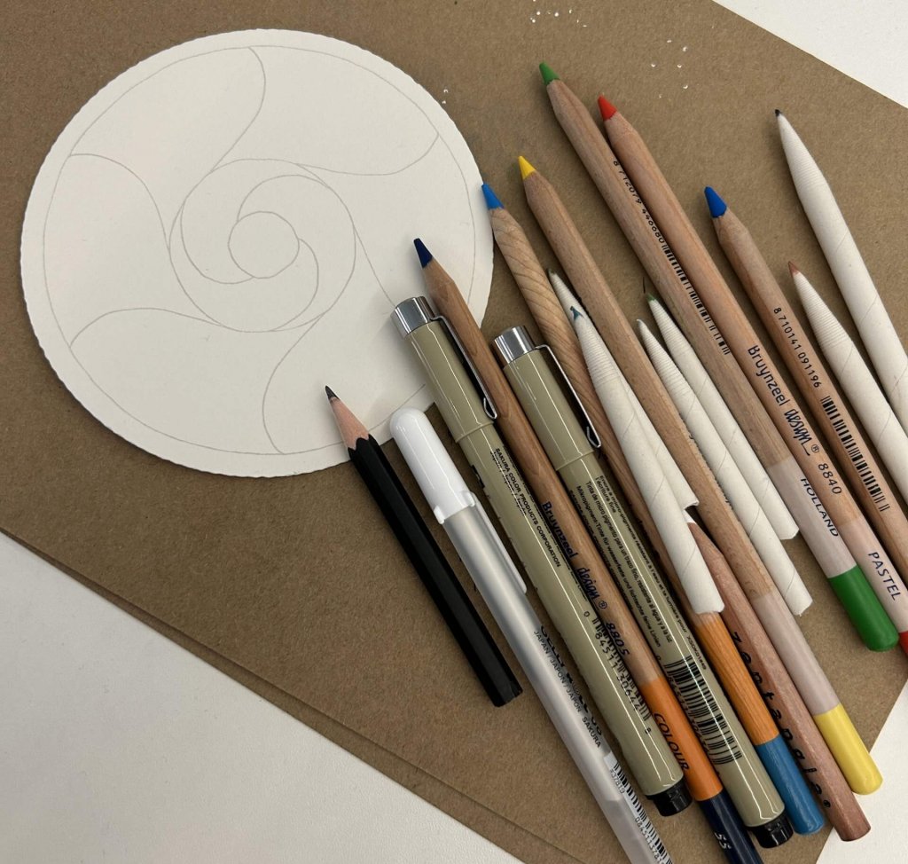 A selection of drawing supplies used by Lisa Crow at the Zenjo Retreat 2025